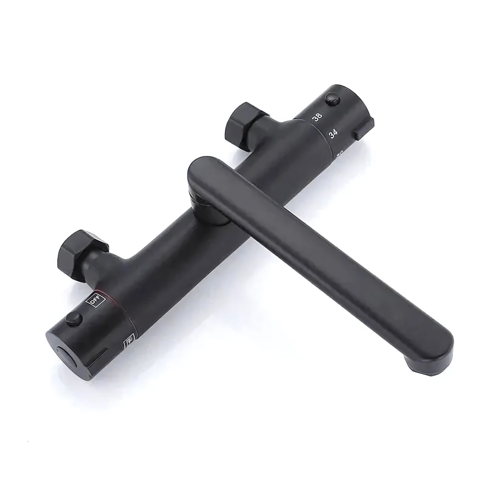 Rivo thermostatic bath & shower faucet – sleek and modern design with precise temperature control, featuring a rainfall showerhead and tub spout for a luxurious bathing experience.