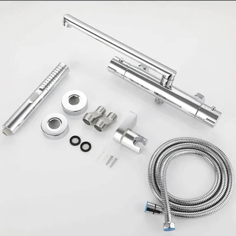 Rivo thermostatic bath & shower faucet – sleek and modern design with precise temperature control, featuring a rainfall showerhead and tub spout for a luxurious bathing experience.