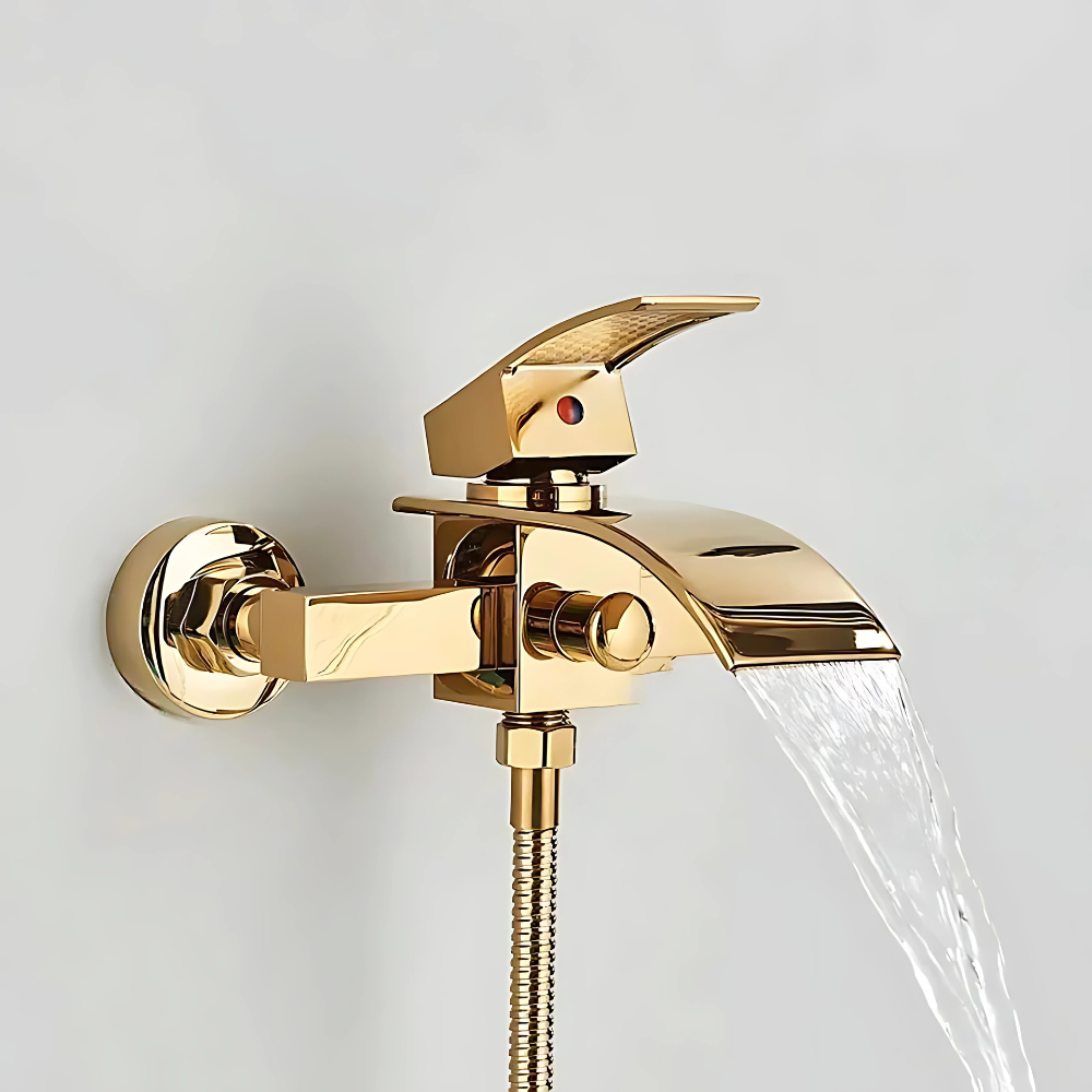 Uria wall-mounted bathtub faucet – modern and space-saving design with a sleek spout, delivering a smooth water flow for a luxurious bathing experience.