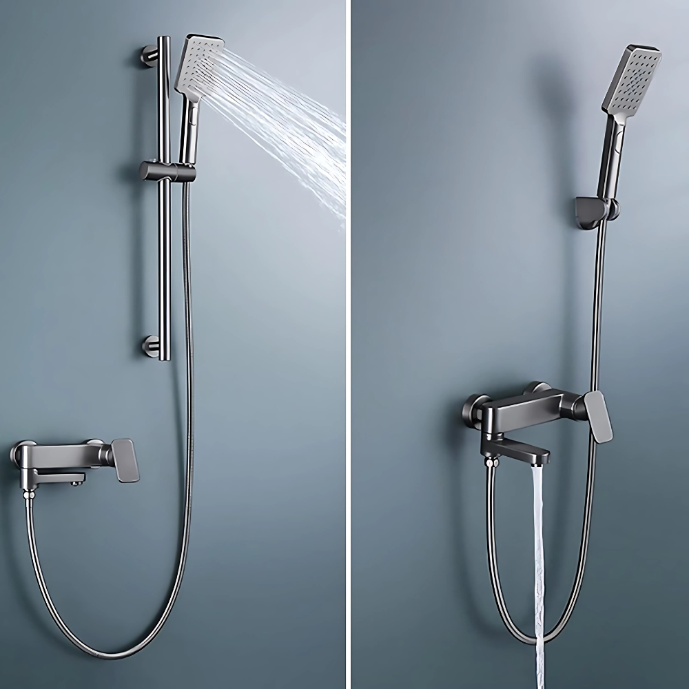 Vela shower system – modern all-in-one design with a rainfall showerhead, handheld sprayer, and tub faucet, offering luxury and versatility for any bathroom.