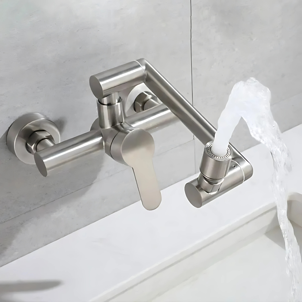 Gala wall-mounted kitchen faucet – sleek and functional design with an adjustable swing arm for extended reach and flexibility, perfect for efficient kitchen use.
