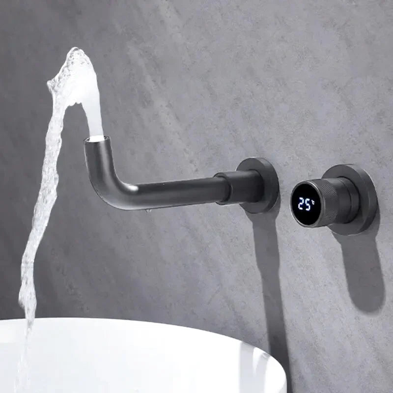 Furo wall-mounted bathroom faucet – sleek and minimalist design with a space-saving installation, offering a smooth water flow for a modern, luxurious bathroom.