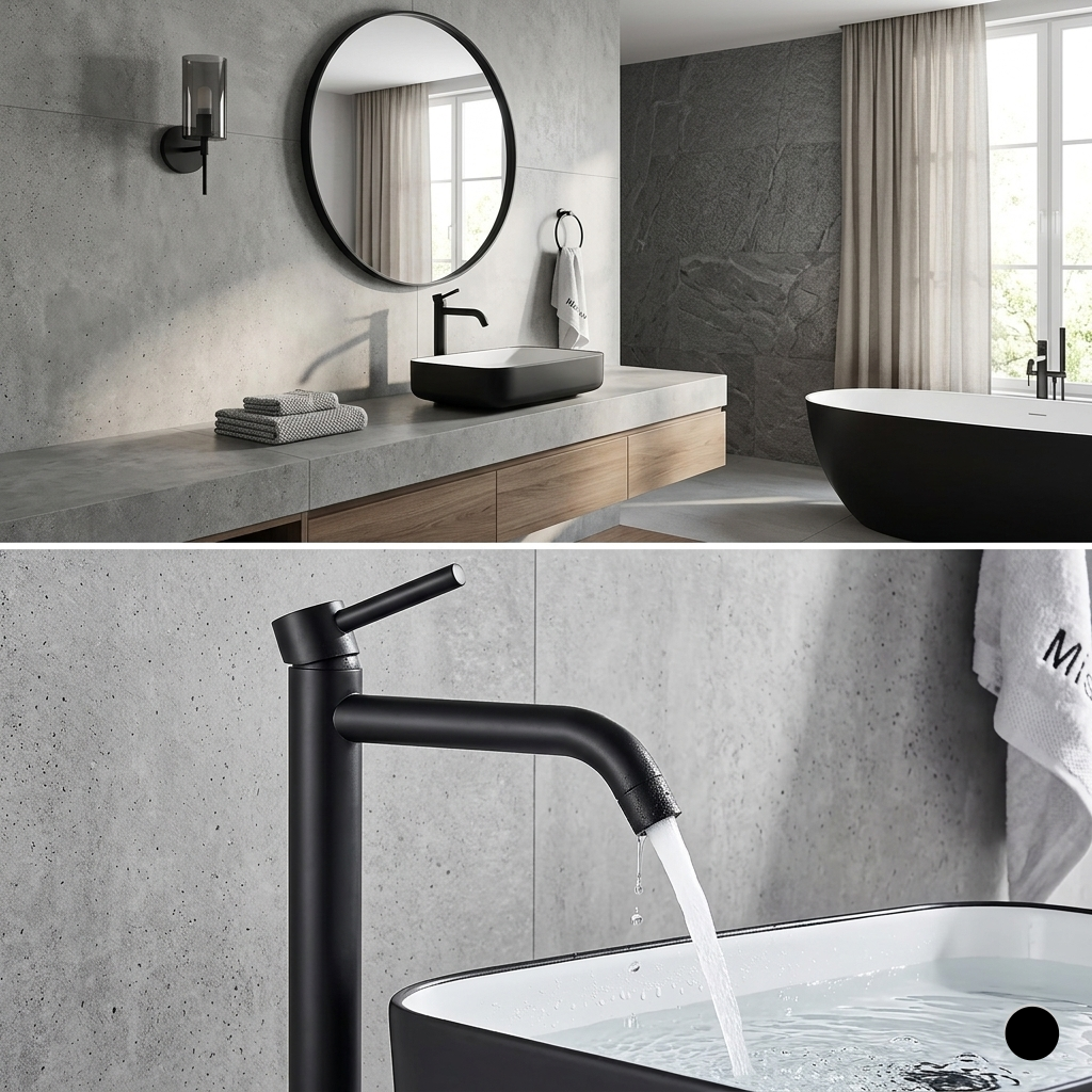 Modern bathroom with black faucet and sink, concrete countertop, and bathtub.