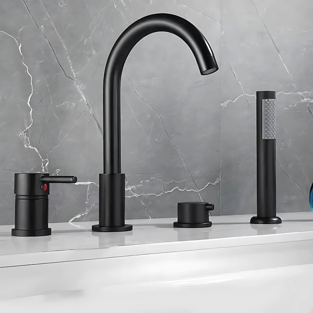 Vino luxury 4-hole bathtub faucet with hand shower – elegant and functional design featuring a sleek spout, dual handles, and a handheld sprayer for a refined bathing experience