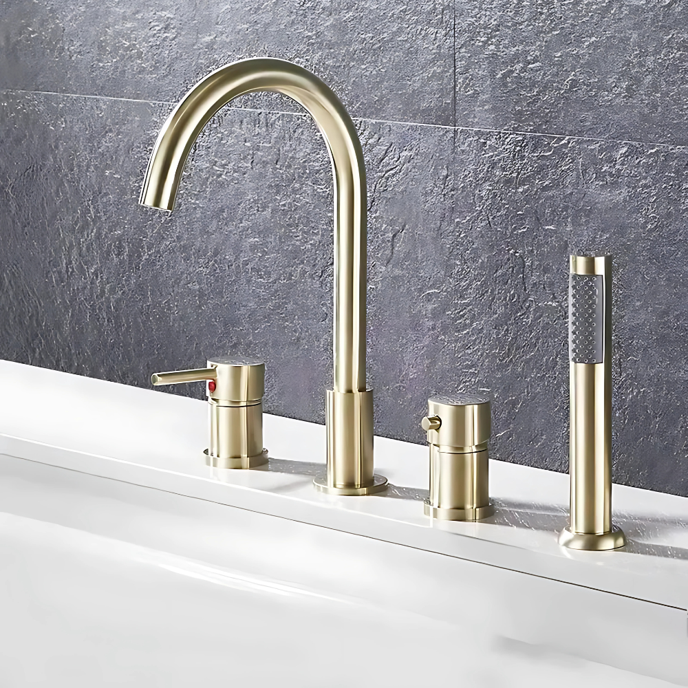 Vino luxury 4-hole bathtub faucet with hand shower – elegant and functional design featuring a sleek spout, dual handles, and a handheld sprayer for a refined bathing experience