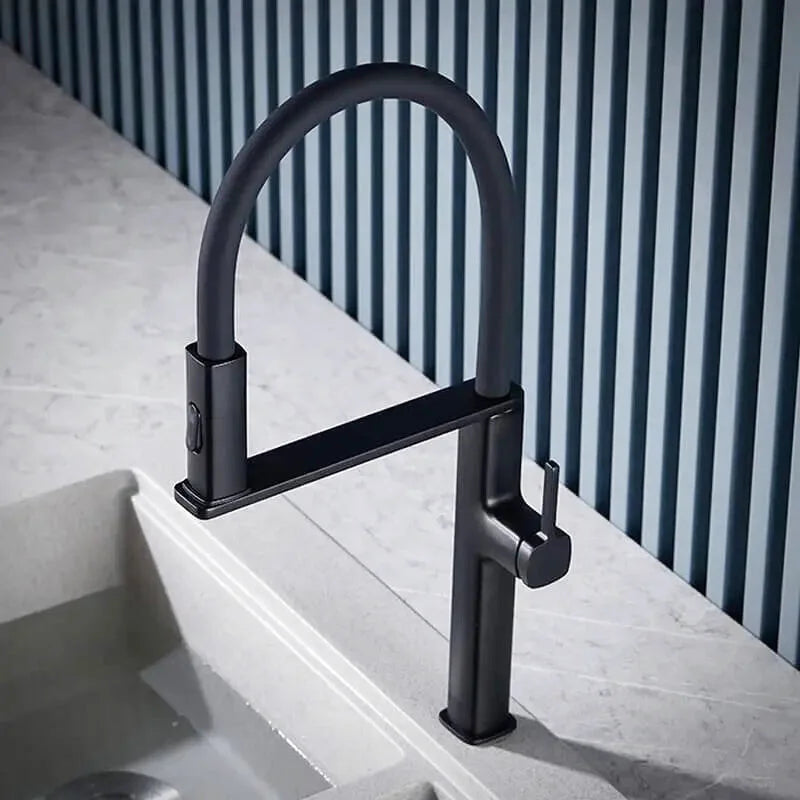 Aria matte black kitchen faucet with pull-out sprayer – modern and stylish design featuring a retractable spray head for enhanced flexibility and convenience in any kitchen.