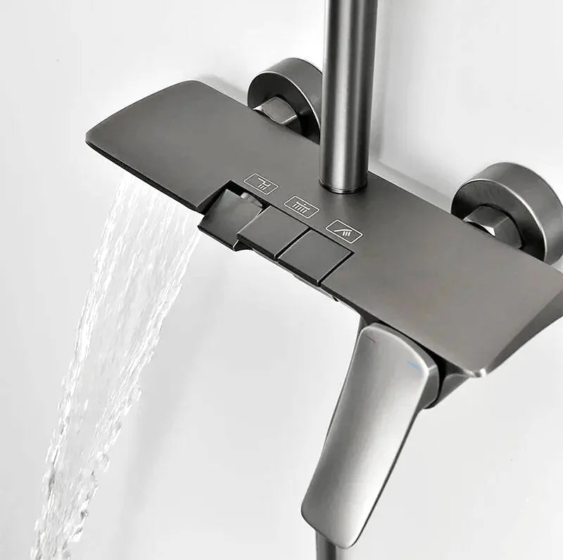 Oro shower system – premium thermostatic faucet set featuring a large rain showerhead and a versatile handheld sprayer, delivering a spa-like experience with precise temperature control.