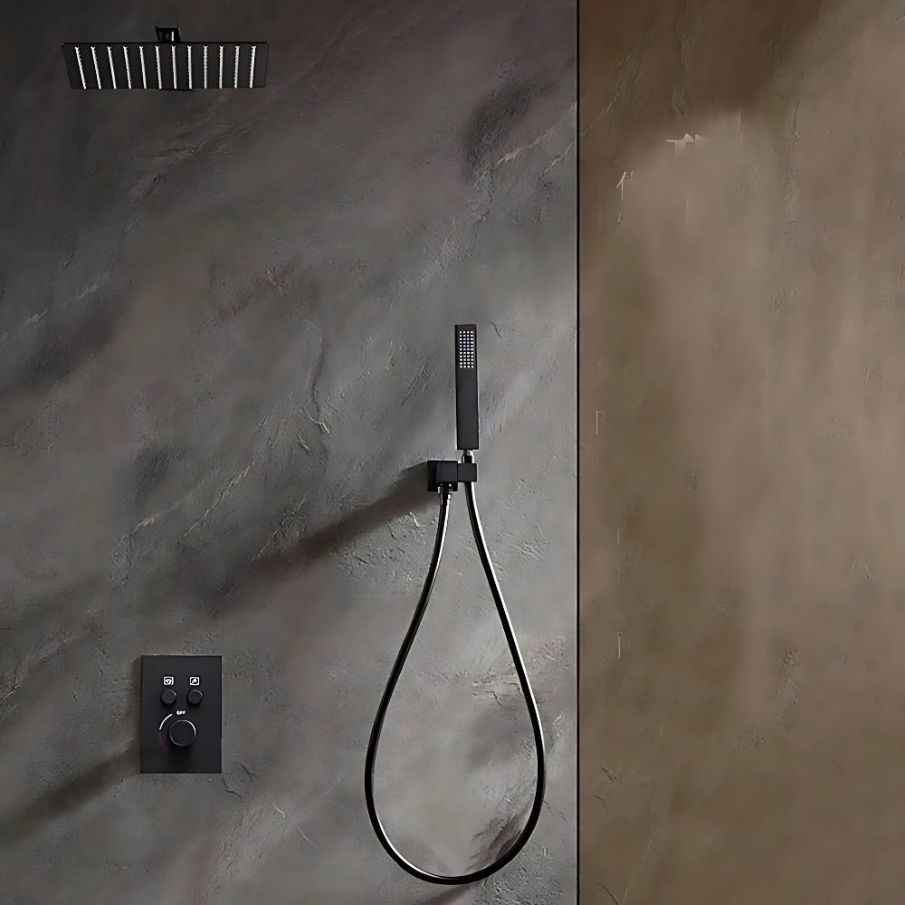 Nube rain shower system – luxurious thermostatic shower faucet with a large rainfall showerhead and handheld sprayer, ensuring precise temperature control and a spa-like experience.