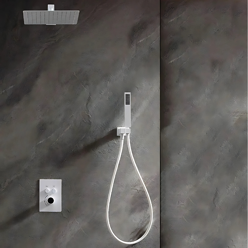 Nube rain shower system – luxurious thermostatic shower faucet with a large rainfall showerhead and handheld sprayer, ensuring precise temperature control and a spa-like experience.