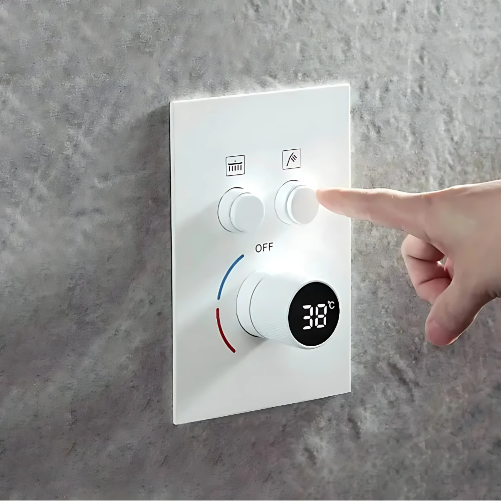 Nube rain shower system – luxurious thermostatic shower faucet with a large rainfall showerhead and handheld sprayer, ensuring precise temperature control and a spa-like experience.