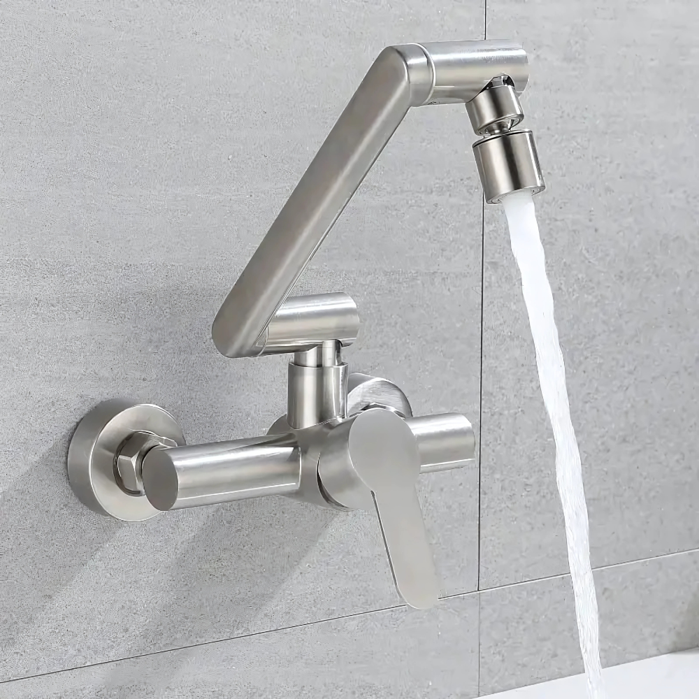 Gala wall-mounted kitchen faucet – sleek and functional design with an adjustable swing arm for extended reach and flexibility, perfect for efficient kitchen use.